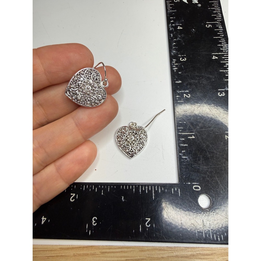 Silver Tone Filigree Heart Drop Earrings Ornate Floral Scroll Dangle French Wire